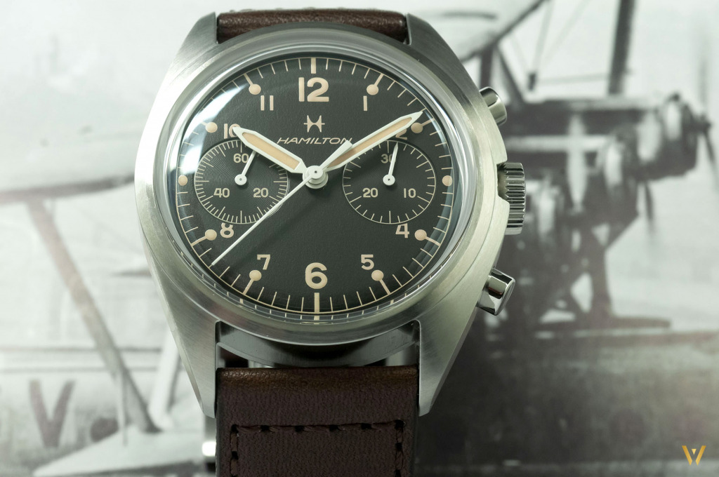 Vue du cadran de la montre Hamilton Khaki Pilot Pioneer Mechanical Chronograph